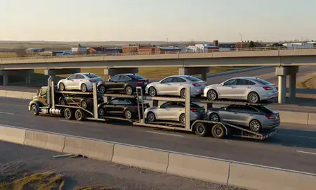 Car transporter with the Beulah, North Dakota, United States skyline behind it