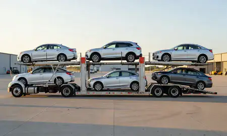 Car transporter parked in an industrial area of Bismarck, North Dakota, United States