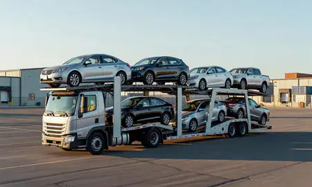 Car transporter loaded with vehicles in Bismarck, North Dakota, United States