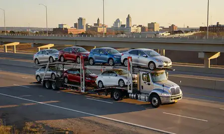 Car transporter with the Bismarck, North Dakota, United States skyline behind it
