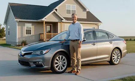 Customer with their delivered car in Bottineau, North Dakota, United States