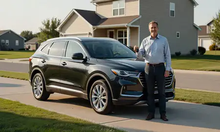 Car delivered to a driveway in Bottineau, North Dakota, United States