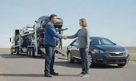 Vehicle owner beside their delivered car in Bottineau, North Dakota, United States
