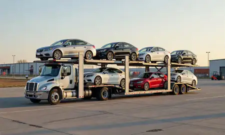 Car transporter loaded with vehicles in Bottineau, North Dakota, United States