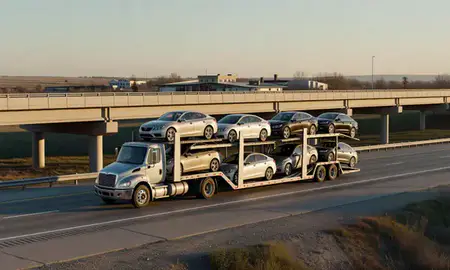 Car transporter with the Bottineau, North Dakota, United States skyline behind it
