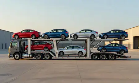 Car transporter parked in an industrial area of Carrington, North Dakota, United States