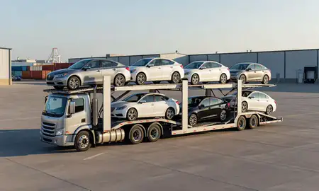 Car transporter loaded with vehicles in Carrington, North Dakota, United States