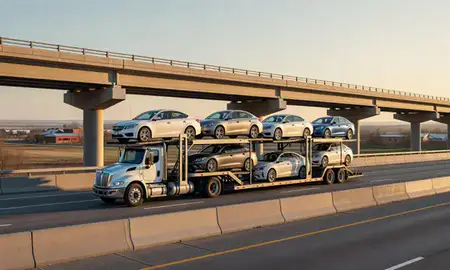 Car transporter with the Carrington, North Dakota, United States skyline behind it
