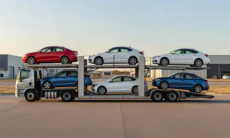 Car transporter parked in an industrial area of Casselton, North Dakota, United States