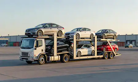 Car transporter loaded with vehicles in Casselton, North Dakota, United States