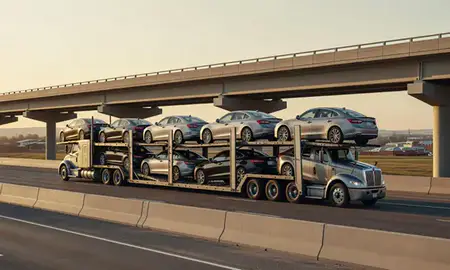 Car transporter with the Casselton, North Dakota, United States skyline behind it