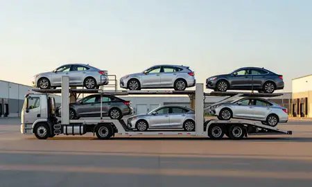 Car transporter parked in an industrial area of Dickinson, North Dakota, United States