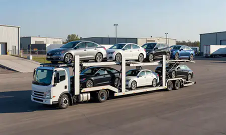 Car transporter loaded with vehicles in Dickinson, North Dakota, United States