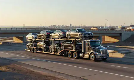 Car transporter with the Dickinson, North Dakota, United States skyline behind it
