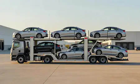 Car transporter parked in an industrial area of Fargo, North Dakota, United States