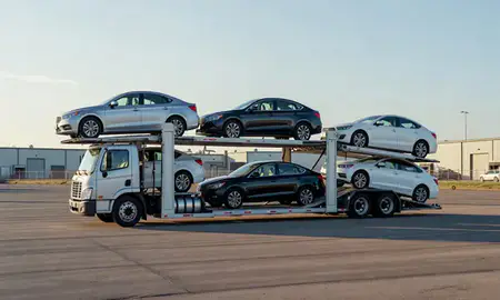 Car transporter loaded with vehicles in Fargo, North Dakota, United States