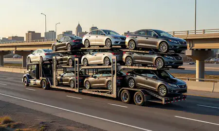 Car transporter with the Fargo, North Dakota, United States skyline behind it