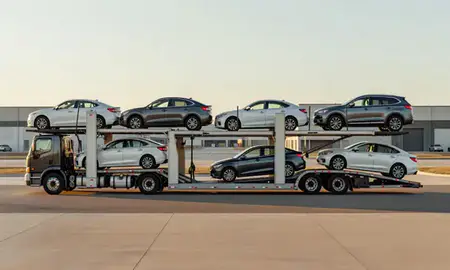 Car transporter parked in an industrial area of Grafton, North Dakota, United States