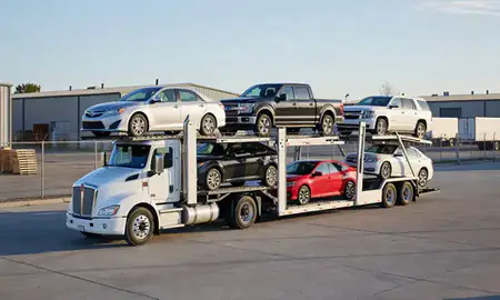 Car transporter loaded with vehicles in Grafton, North Dakota, United States