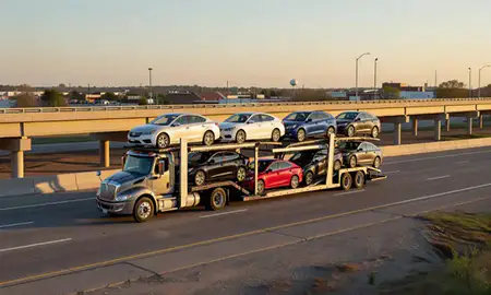 Car transporter with the Grafton, North Dakota, United States skyline behind it
