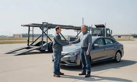 Vehicle owner beside their delivered car in Grand Forks AFB, North Dakota, United States