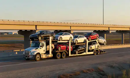 Car transporter with the Grand Forks AFB, North Dakota, United States skyline behind it