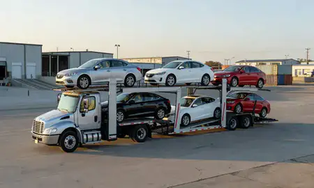 Car transporter loaded with vehicles in Grand Forks, North Dakota, United States