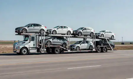 Multi-level car carrier on the highway to Harvey, North Dakota, United States