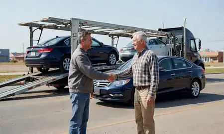 Vehicle owner beside their delivered car in Harvey, North Dakota, United States
