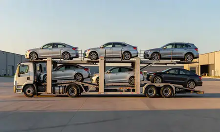 Car transporter parked in an industrial area of Harvey, North Dakota, United States
