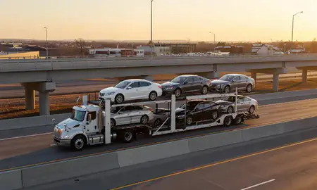 Car transporter with the Harvey, North Dakota, United States skyline behind it