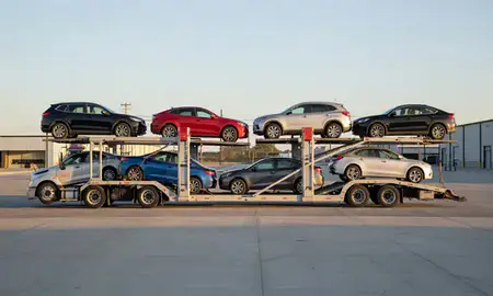 Car transporter parked in an industrial area of Hazen, North Dakota, United States