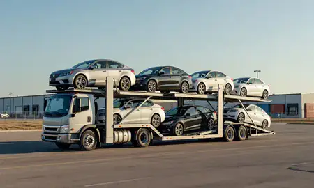 Car transporter loaded with vehicles in Hazen, North Dakota, United States