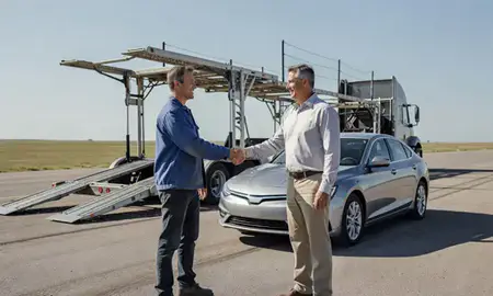 Vehicle owner beside their delivered car in Horace, North Dakota, United States