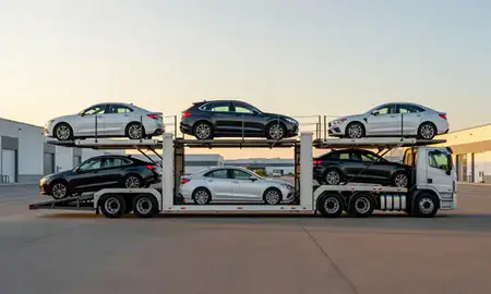 Car transporter parked in an industrial area of Horace, North Dakota, United States