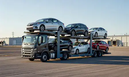 Car transporter loaded with vehicles in Horace, North Dakota, United States