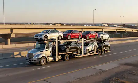 Car transporter with the Horace, North Dakota, United States skyline behind it