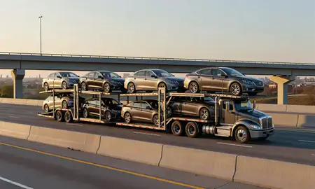 Car transporter with the Jamestown, North Dakota, United States skyline behind it