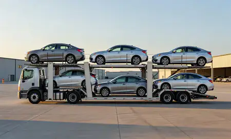 Car transporter parked in an industrial area of Lincoln, North Dakota, United States