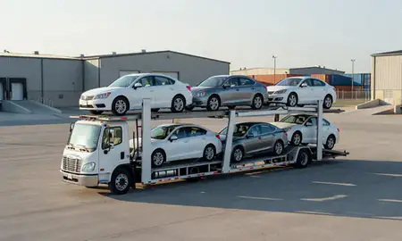 Car transporter loaded with vehicles in Lincoln, North Dakota, United States