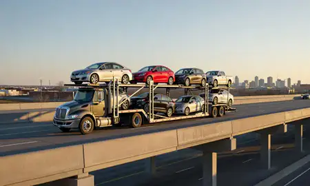 Car transporter with the Lincoln, North Dakota, United States skyline behind it