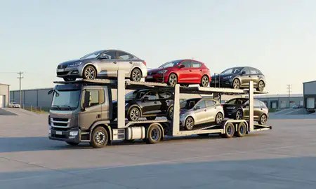 Car transporter loaded with vehicles in Lisbon, North Dakota, United States
