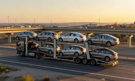 Car transporter with the Lisbon, North Dakota, United States skyline behind it