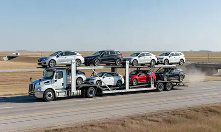 Multi-level car carrier on the highway to Mandan, North Dakota, United States