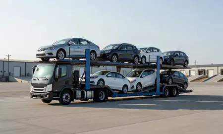 Car transporter loaded with vehicles in Mandan, North Dakota, United States