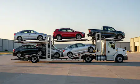 Car transporter parked in an industrial area of Mayville, North Dakota, United States