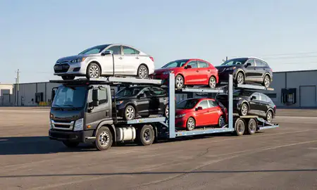 Car transporter loaded with vehicles in Mayville, North Dakota, United States