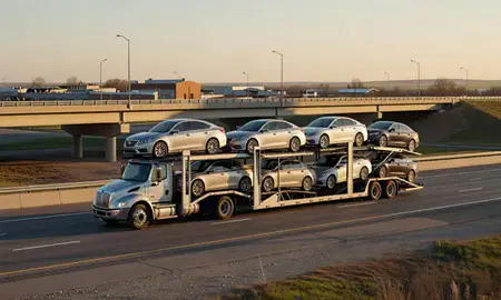 Car transporter with the Mayville, North Dakota, United States skyline behind it
