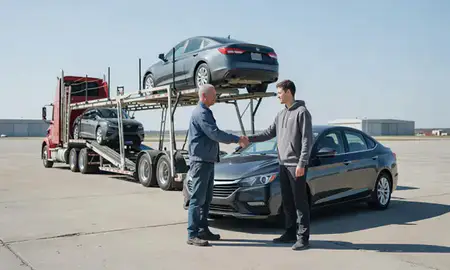 Vehicle owner beside their delivered car in Minot AFB, North Dakota, United States