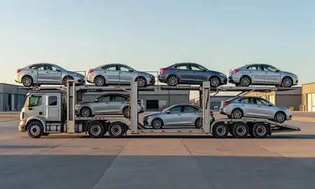 Car transporter parked in an industrial area of Minot AFB, North Dakota, United States